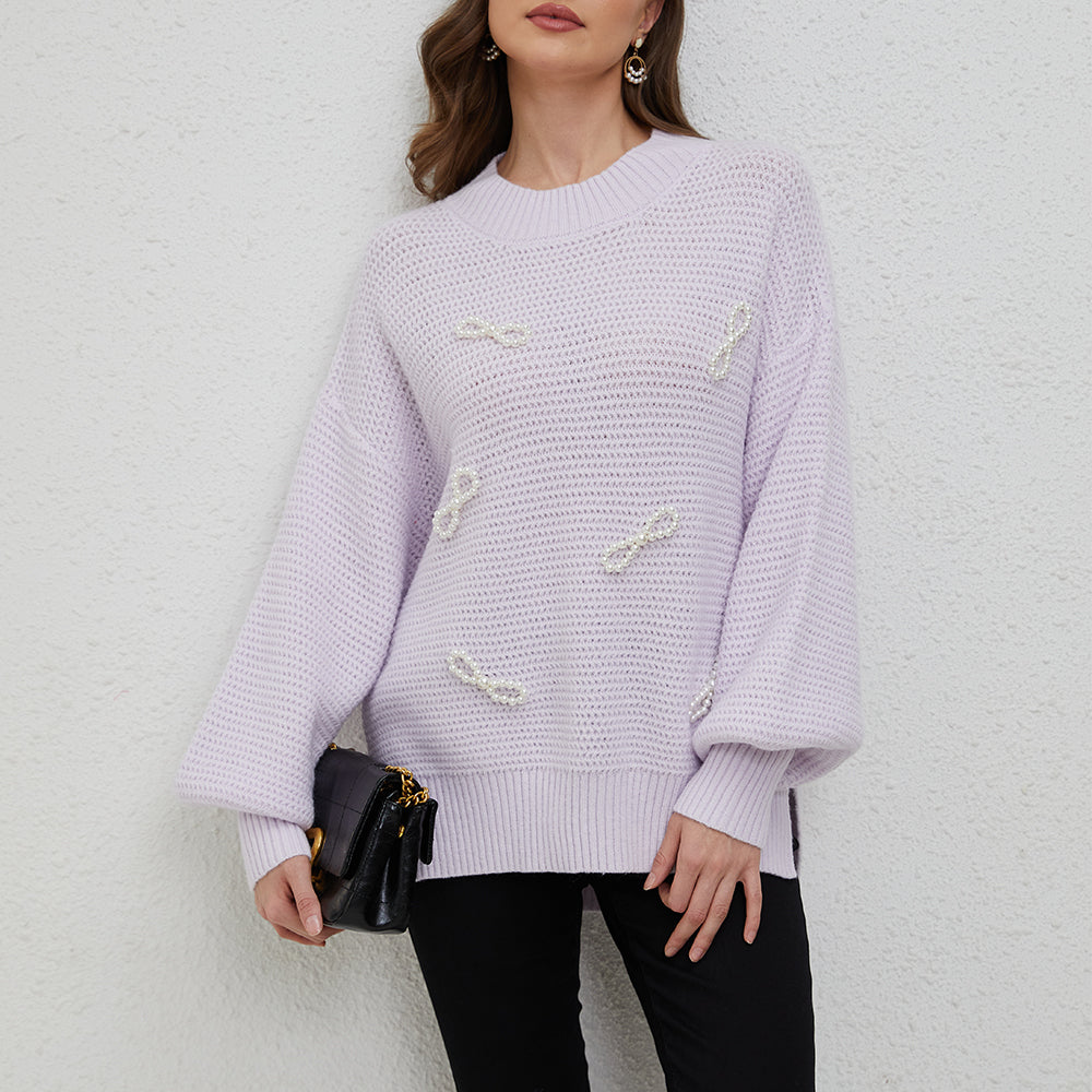 Pearl Bow-Tie Round Neck Side Slit Knit Sweater Top
