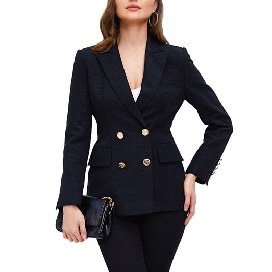 Textured Black Classic Double Breasted Women Blazer Jacket