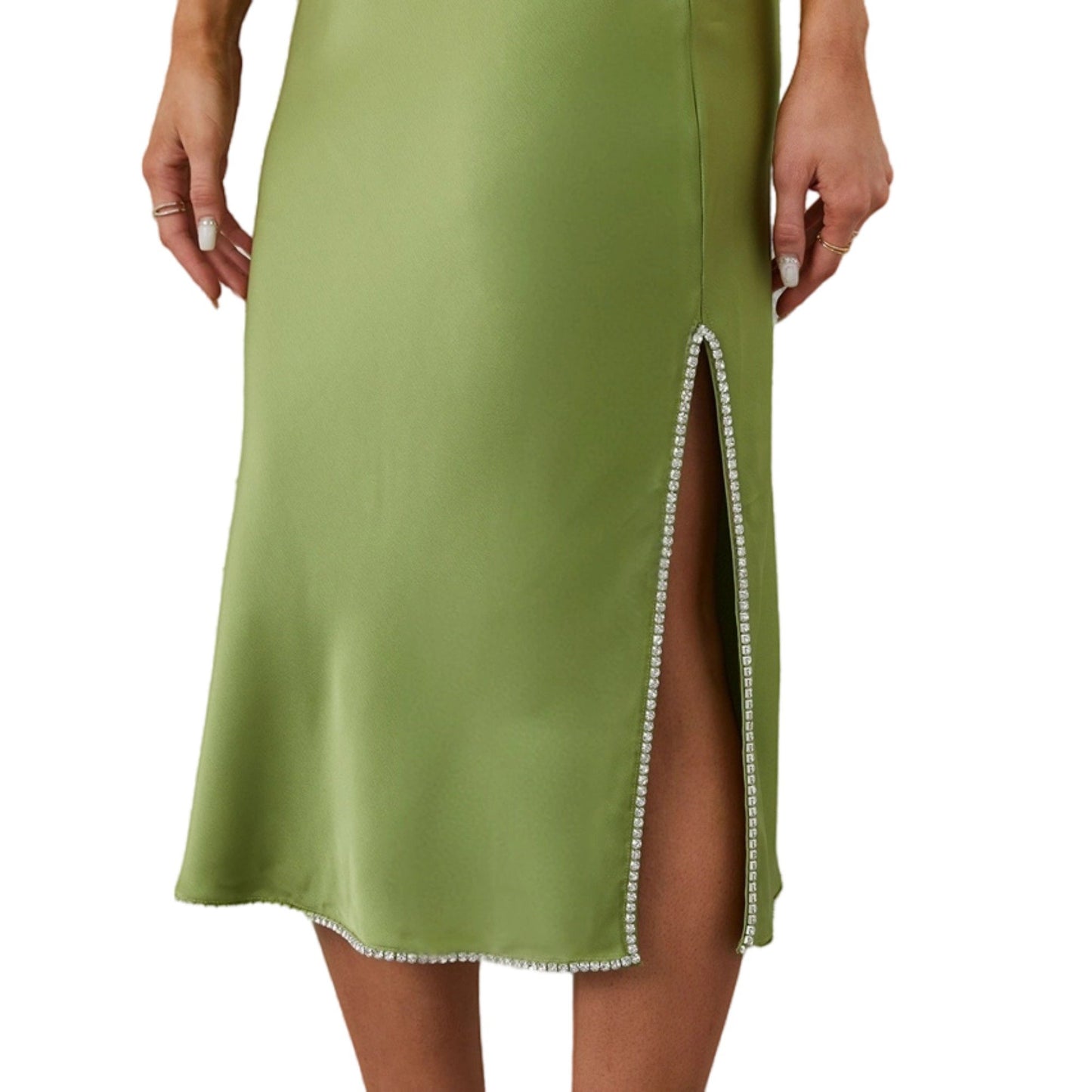Crystals Trimmed Satin Silky A-line Skirt Side Slits High-Rise Midi Skirt